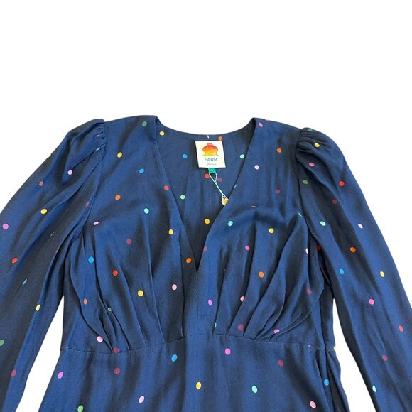 Farm Rio Lucy Dots V-Neck Dress Navy Colorful Long Sleeve Shift Size Small NWT - Picture 4 of 13